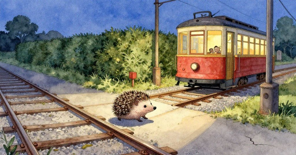 在暮色中小刺蝟 Hedgy 從叢生樹籬中探出頭，背景為破舊電車庫、裂紋混凝土與交錯鐵軌，神情好奇展開冒險。