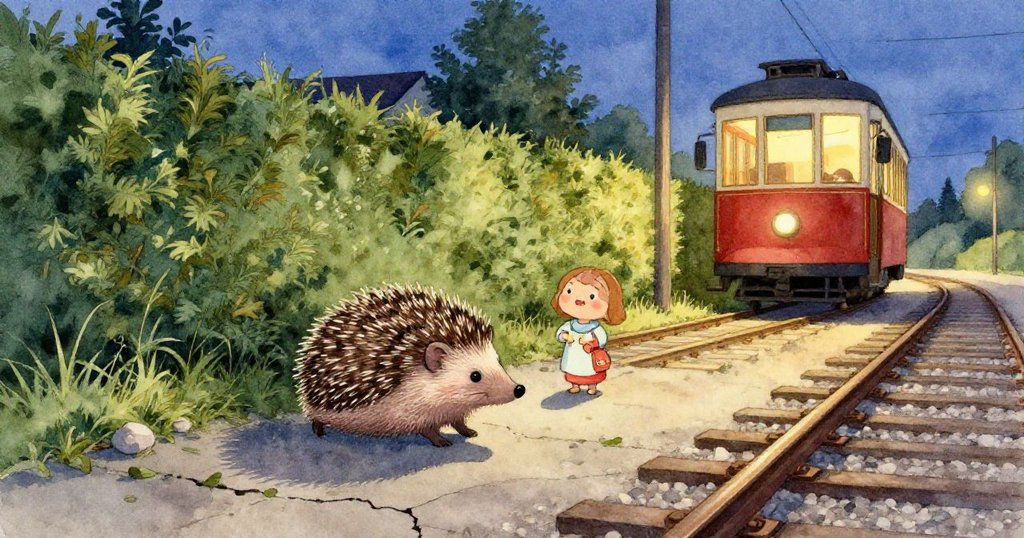 小刺蝟 Hedgy 從背後視角瞥見緩慢移動的空車廂與顫動碎石，背景映出斑駁鐵軌，神情謹慎而充滿好奇。