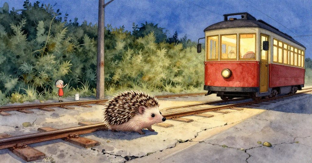 從高處俯瞰，小刺蝟 Hedgy 踏過光滑金屬，沿著碎石橋前行，背景為交錯舊軌與暖光映照，展現冒險進程。