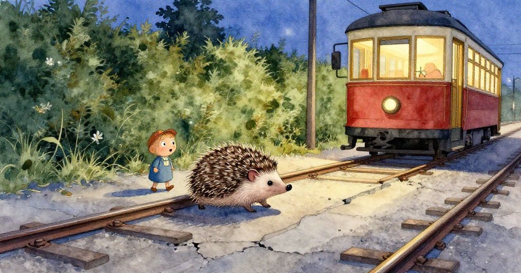 緊張時刻，小刺蝟 Hedgy 驚愕豎起刺毛，凝視停駐於軌間裂隙的車廂，背景暗色金屬與櫻桃紅細節交織，情緒濃烈。