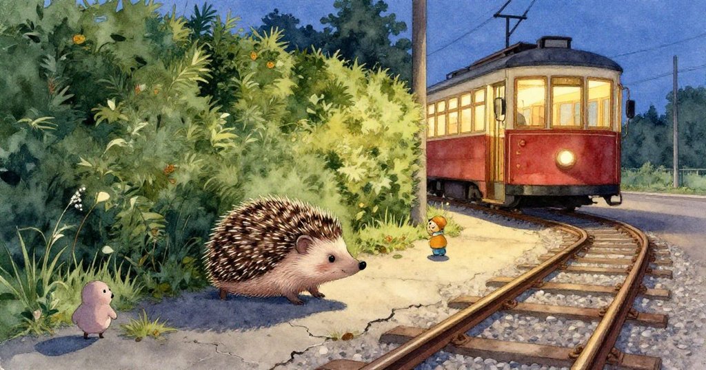 在遠光街燈照映下，小刺蝟 Hedgy 靜坐於充滿落葉紙屑的淺溝邊，神情平靜，象徵冒險尾聲展開新旅程。
