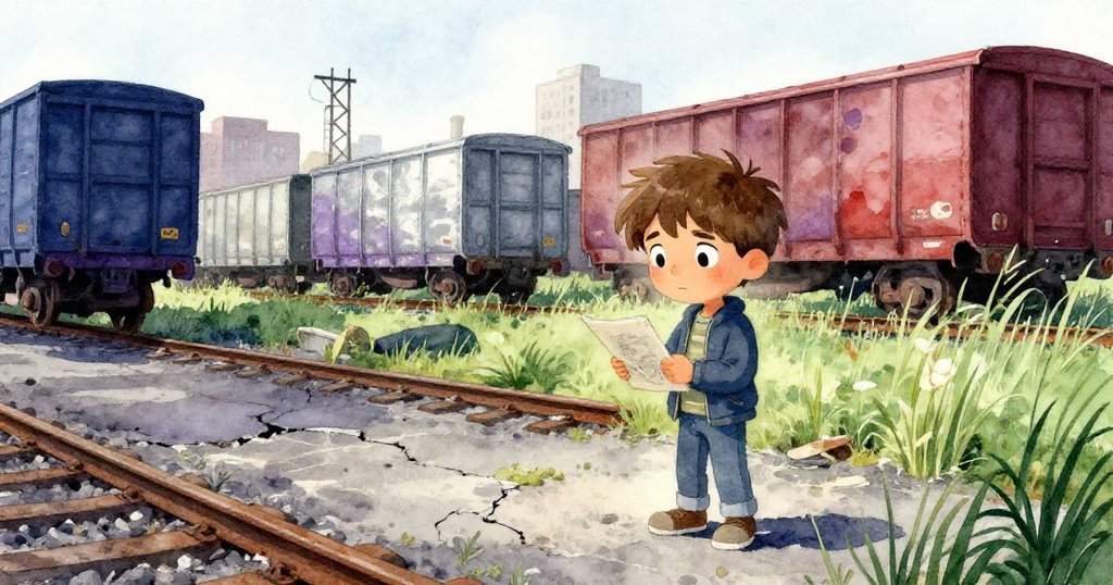 Milo手拿素描本站在廢棄貨場邊緣，背景呈現破裂柏油路、鏽蝕鐵軌與野生高草，神情充滿好奇與堅定開始探險。