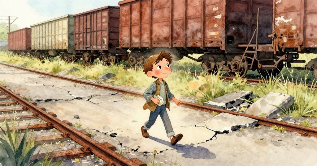 Milo的手緊按鐵絲網大門鎖，細膩呈現金屬生鏽質感，表露出堅定與微緊張情緒，預兆探險開始。