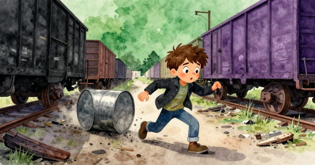 Milo在廢棄車廂間躲避滾動鐵桶，背景散落碎石和生鏽建構出都市荒野，驚訝神情下展現探索冒險。