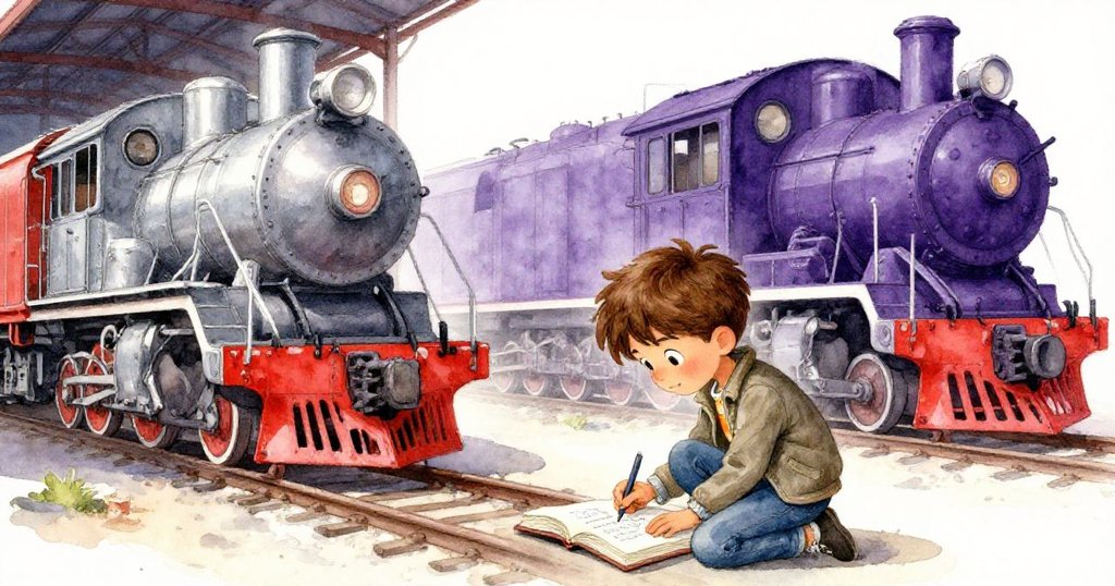 Milo蹲下打開素描本畫火車，現實貨場與心中幻想交織，專注神情中展現藝術探索與美好憧憬。