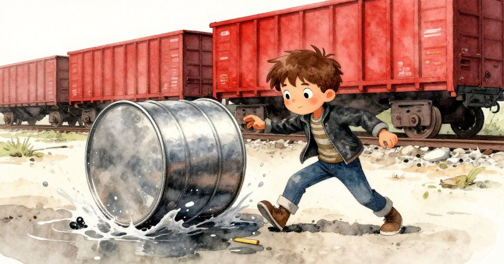 Milo急速閃避滾動鐵桶撞擊下滑入水窪的素描本，動態場面捕捉高手忙中帶驚與現場緊張氣氛。