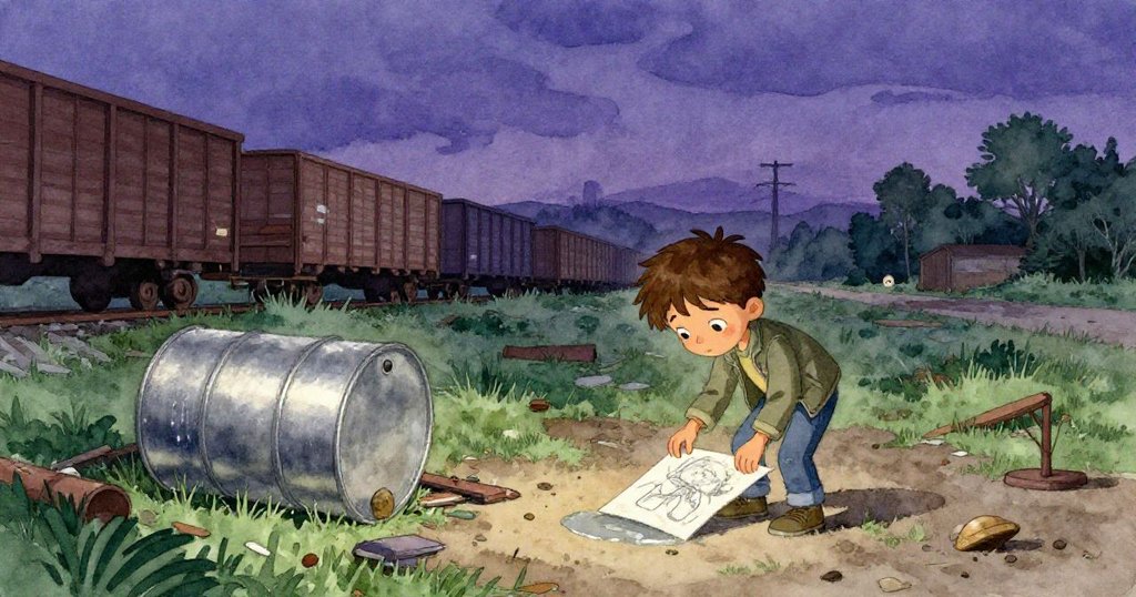 Milo在安靜貨場撿起濕潦素描本，傍晚柔光下顯示平靜與釋然，場景中散落雜物與靜止鐵桶見證探險落幕。