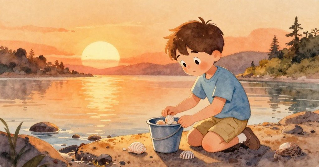 Milo 於早晨時分在岩岸上採集閃亮條紋貝殼,背景有寧靜港灣與溫暖光芒,展現期待與好奇。