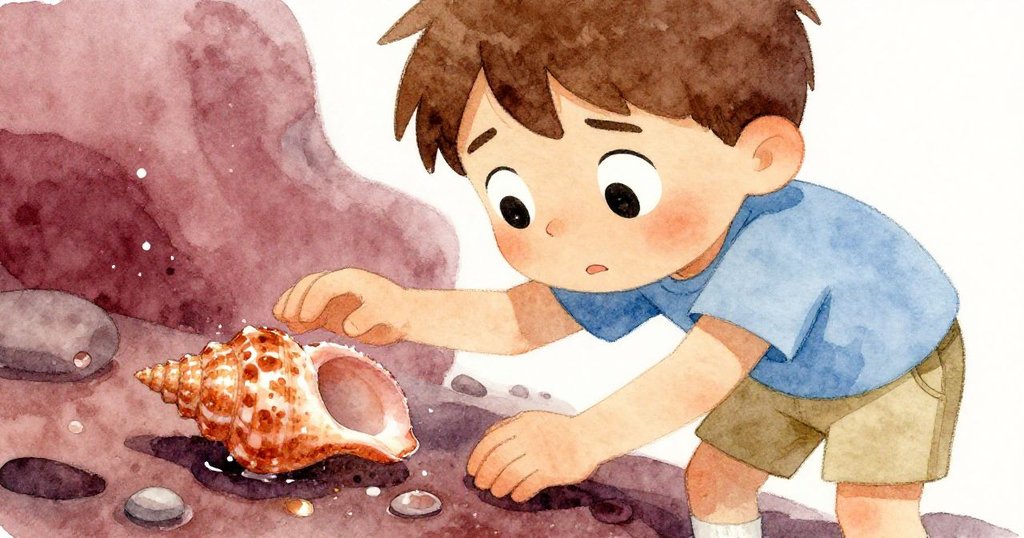 Milo 近距離注視發光貝殼,臉上流露出堅定與期待,細膩情緒在微濕石面上表現。