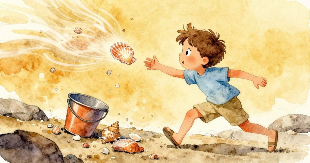 Milo 快速衝向閃光貝殼,狂風吹動桶和貝殼,畫面呈現動感與活力,充滿冒險情緒。