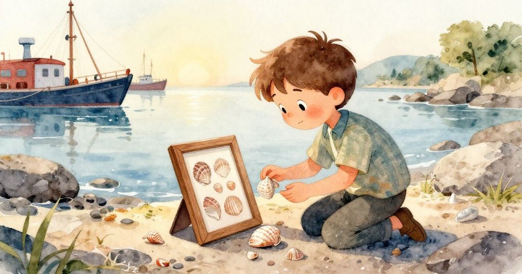 風中貝殼散落水坑,麻雀突飛而出,Milo在遠處觀察大自然動態,畫面生動且富有趣味。