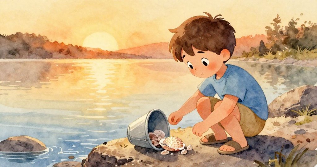 Milo 輕鬆取回被桶擋住的完美貝殼,滿足走離寧靜海岸,夕陽映照下展現溫暖與安詳情懷。