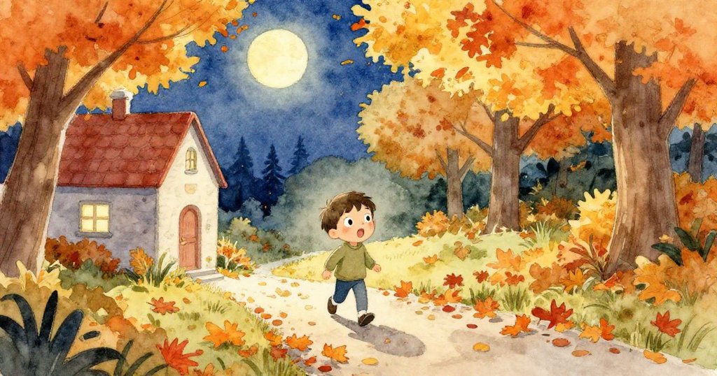 露卡離家外出，沿著飄滿秋葉的小路前行，夜色中顯露出興奮和好奇的表情，背景隱約有溫暖家屋。