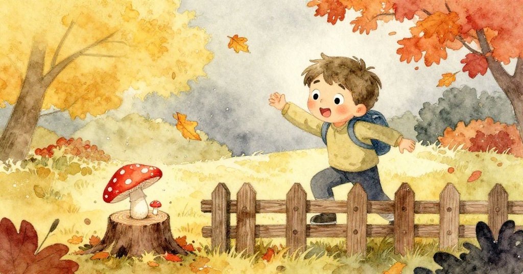 露卡攀爬木柵欄時因濕葉滑倒，木柵欄旁樹樁上小蘑菇滾動引出驚訝與神秘的夜間意外場景。