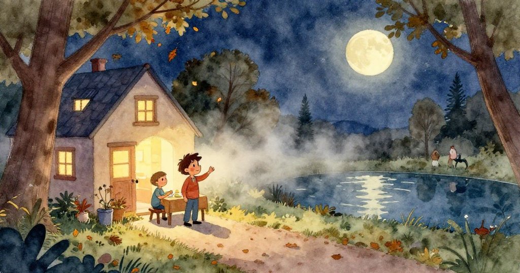 從高處俯視，蘑菇落入池塘引起水面漣漪，月光下薄霧逐漸消散呈現出寧靜而神秘的秋夜景致。