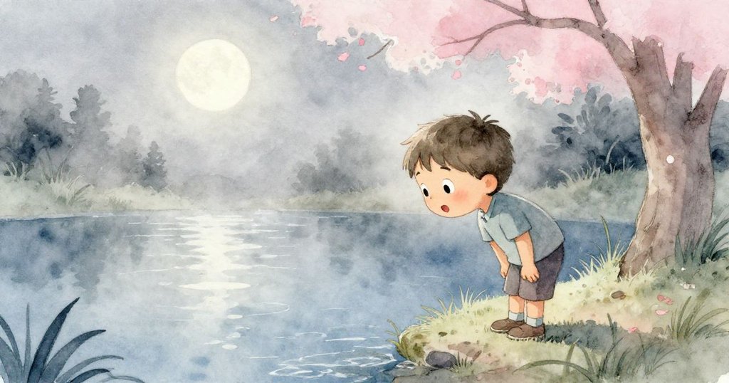 在隱秘池塘邊，露卡彎腰仔細觀看月光透過散去霧氣顯現銀光，場景充滿神秘與寧靜的氛圍。