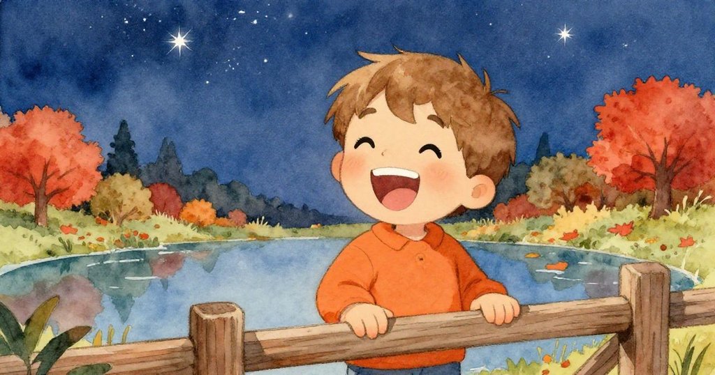 露卡滿臉笑容緊握柵欄，仰望閃爍星空與池塘中柔和光圈，臉上洋溢著對夜晚魔法的驚喜。