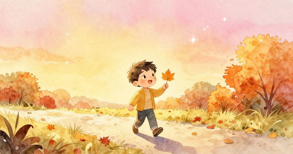 黃昏時分露卡在星空下收起閃亮秋葉，沿著溫暖小徑踏向家園，臉上流露出滿足與平靜的笑容。