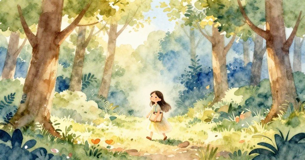 Lina拿著畫本走進晨霧森林,晨光透過樹影灑下,空地寧靜充滿期盼,展開一天的新冒險。