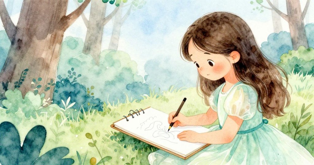 Lina專注於畫作,手持鉛筆在畫本上描摹,紙面映出森林倒影,細膩展現自然與創意交織。