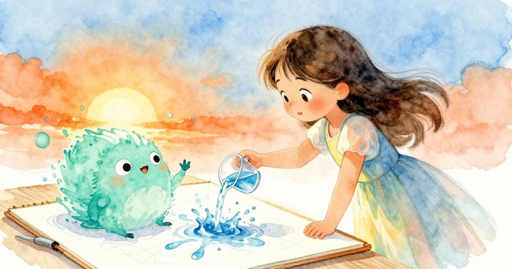 Lina驚訝地注視著水從杯中濺落在畫紙上,線條被沖散後幻化成趣味生物,意外與創意同現。