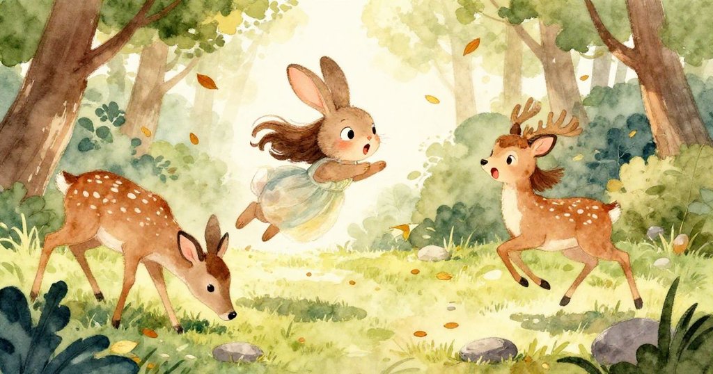 Lina驚喜地看著兔子忽然躍起,鹿驚慌奔逃,落葉和石子隨水花飛舞,生動展現自然活力。