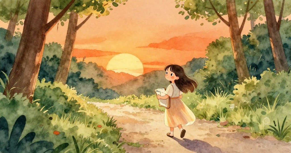 Lina合上畫本捧著空杯沿著夕陽灑落的小徑歸家,背影沉穩流露經歷動盪後的溫暖平靜。