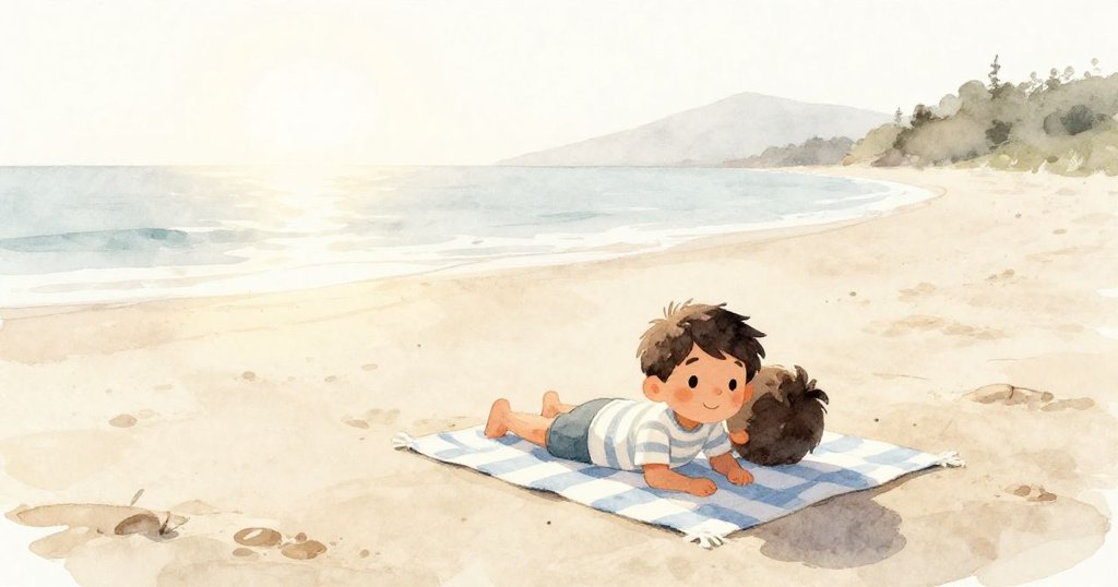 Milo在晨光中於海灘上安放條紋毛巾,背景海浪靜謐,神情安詳,展開創作旅程。