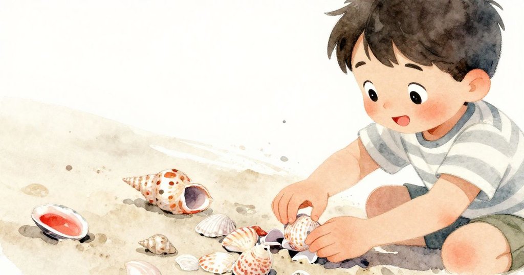Milo在海邊仔細挑選色彩繽紛的貝殼,手部特寫展現細膩紋理,充滿對創意設計的期待。