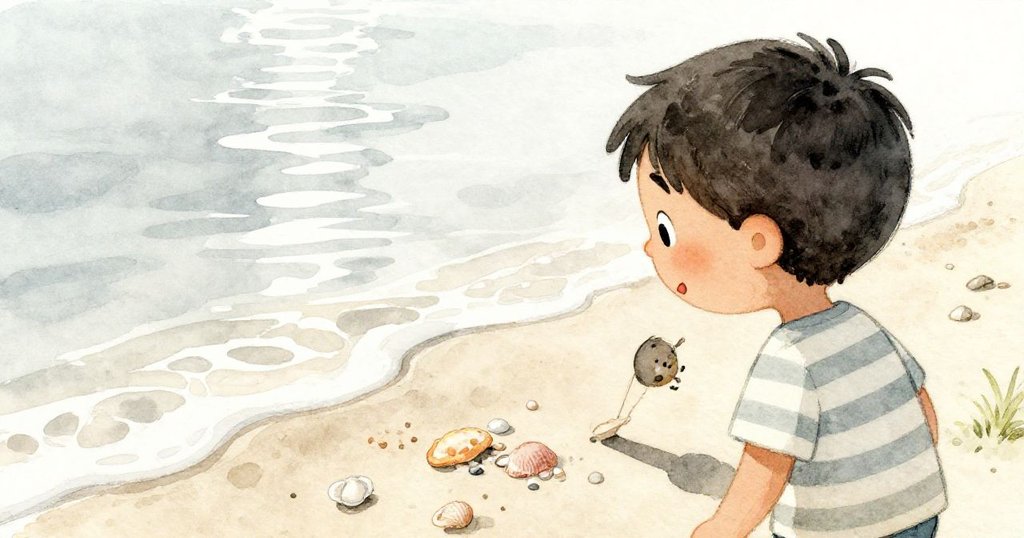 從後方觀看,Milo走在海灘邊,彎腰收集閃亮的貝殼,神情堅定,展現即將實現夢想的決心。