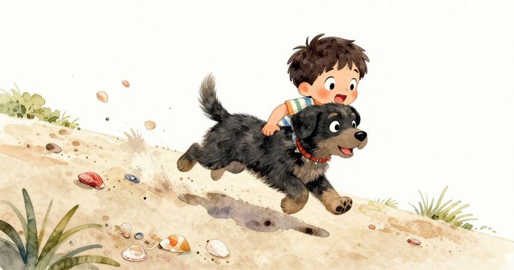 活潑的小狗急速穿過沙丘,激起飛散的貝殼,Milo驚訝地看著場面,氛圍從寧靜轉為熱鬧。