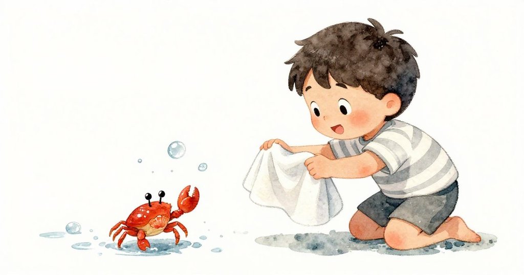 Milo跪於沙池邊用毛巾推開流水,細小螃蟹迅速搶奪閃亮貝殼,場景充滿急促動感與意外變化。