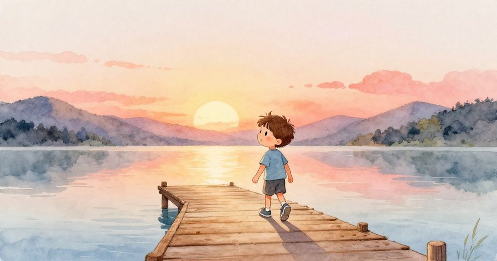 Leo走在安靜木碼頭上,背景是山和平靜湖水,表情期待與平和,晨光灑下溫暖光線。