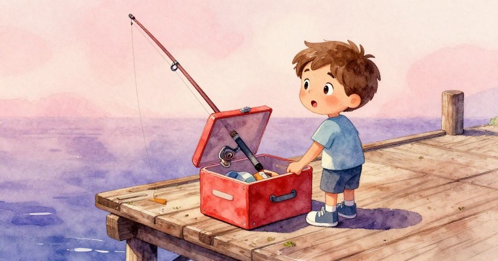 Leo坐在碼頭邊,仔細觀察鮮紅的小盒子及明亮釣竿,環境溫暖自然,展現探險象徵。