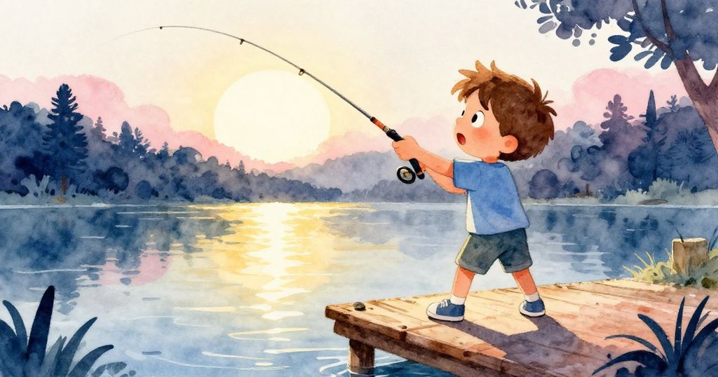 低角度展現Leo在木碼頭上垂釣,釣竿彎曲緊張,背景晨曦金光閃爍,表情充滿決心與期待。