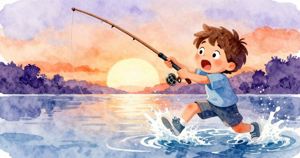 Leo驚訝地看著釣竿斷裂,水花四濺,太陽橙輝映射在飛濺水花與木碼頭上,情緒激動。