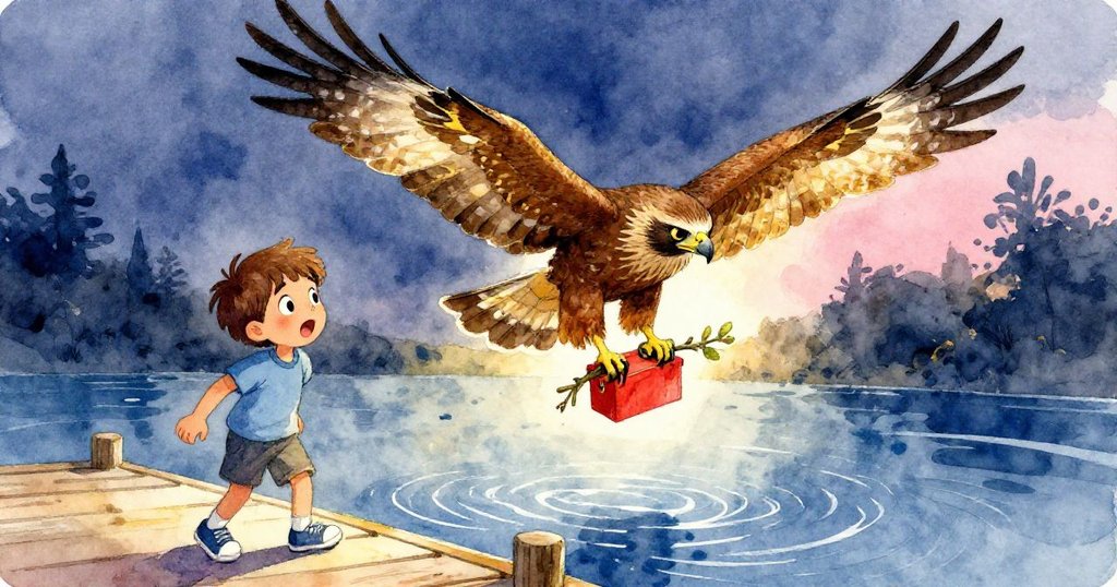 驚奇的Leo望著鷹翅展開飛翔,攜帶紅盒與樹枝,河面波光粼粼,場面生動充滿互動感。