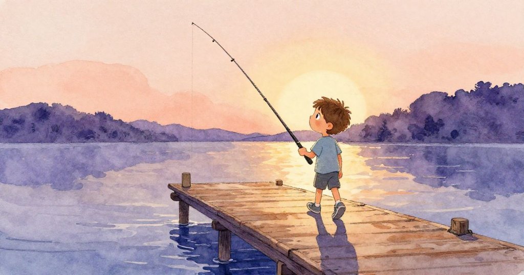 夕陽下,Leo收拾空釣竿,沿著木碼頭返回,襪子滴水,表情沉思,回味充滿教誨的冒險旅程。