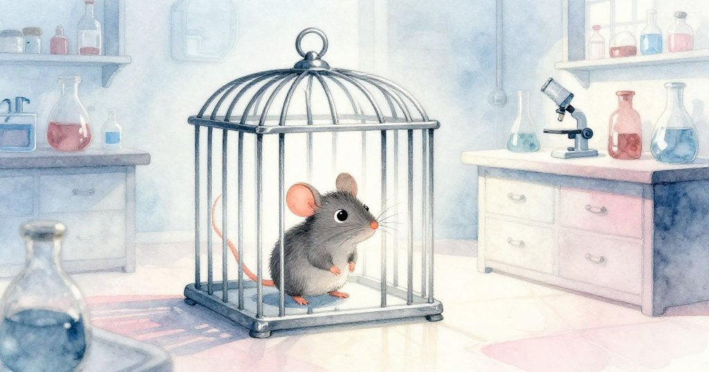 在實驗室清晨中,Milo從金屬籠中悄然走出,輪廓在明亮光線中清晰展現,充滿期待與神秘感。