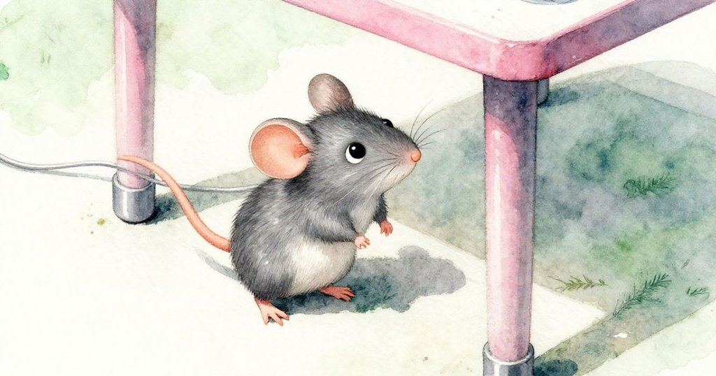 從高角度俯視,Milo正勇敢地爬上旁邊搖晃的電纜,克服實驗桌腳帶來的阻礙,表情中透露著決心與緊張。