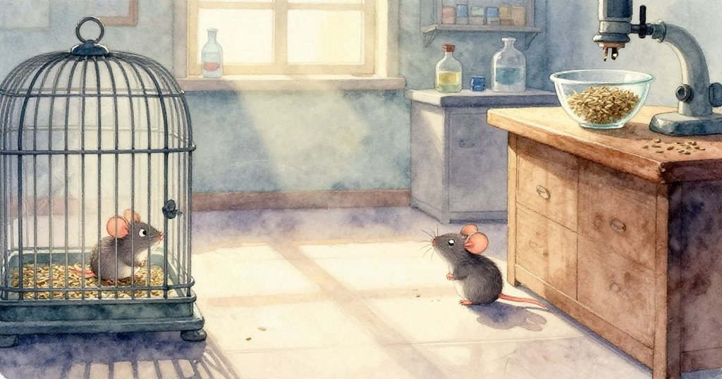 在實驗室中,一根電纜擺動中碰翻塑料管並擊中紅色按鈕,玩具機器人隨即啟動撞擊玻璃碗,種子四散如雨落下。