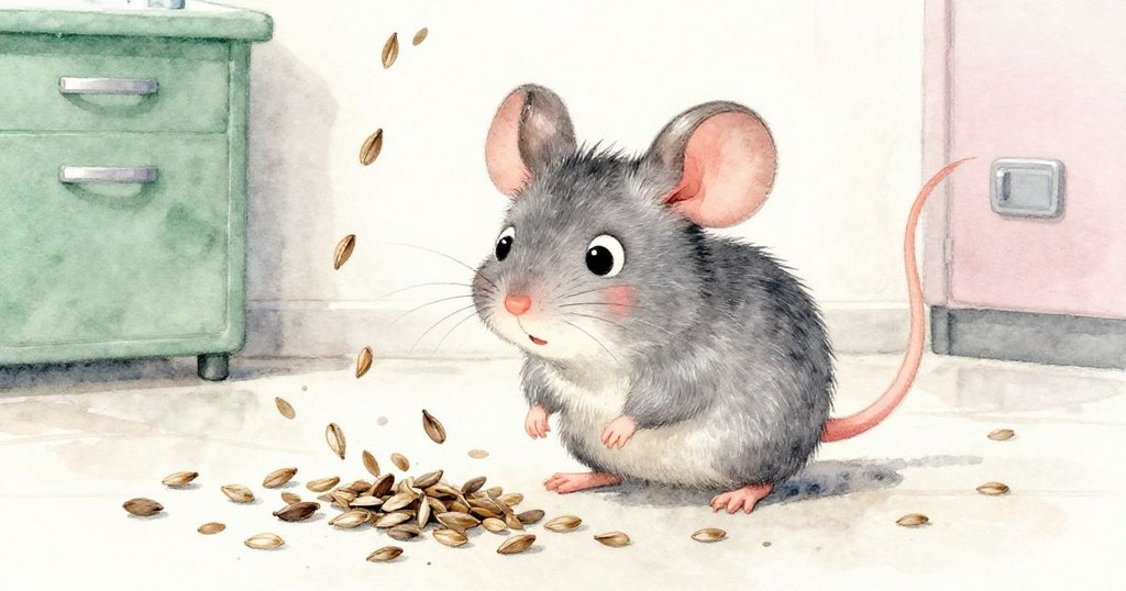 在灑落的種子中,Milo急忙掙扎保持平衡,小爪子滑動,臉頰鼓起,充滿驚訝與奮力的神情。