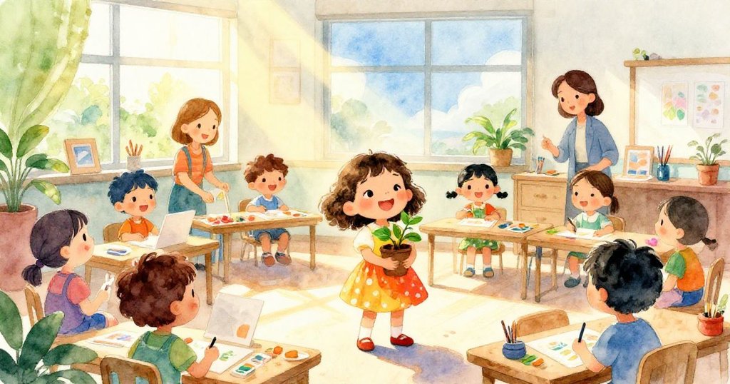 Nina在明亮的美術教室中,帶著心愛小植物快步前行,喜悅與期待流露,周圍同學忙碌互動,共同迎向新一天。