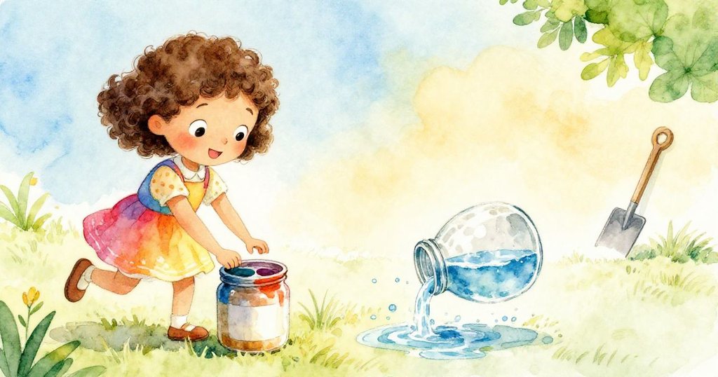 Nina一邊小心移動畫罐,一邊畫面右側呈現水滴意外溢出和鏟子掉落,分割構圖展示錯誤與反應瞬間。