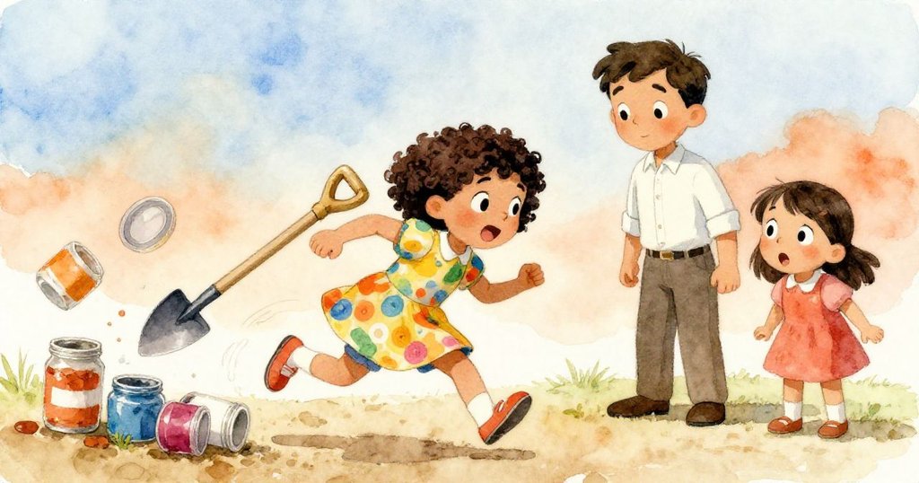 Mr. Lopez急速上前穩定油漆罐,Nina驚訝且帶歉意站在一旁,金屬撞擊聲與散落物品營造出緊張瞬間。