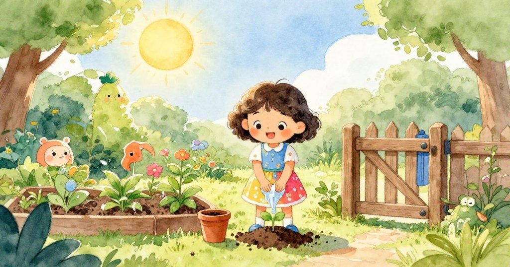 Nina在明亮的花園中細心栽植祖父贈與小植物,陽光灑落,笑容洋溢,溼跡消散後輕柔關上花園大門作告別。