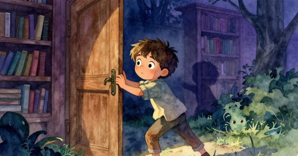 米洛推門進入圖書館,背景閃爍溫暖光芒,場景充滿奇妙和期待情緒。