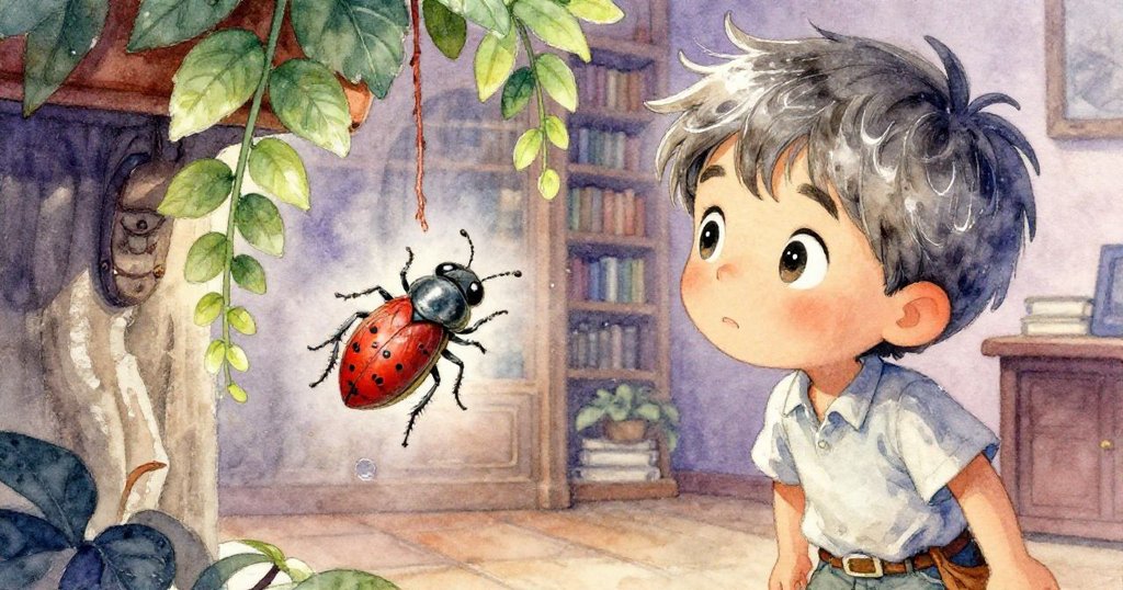 米洛聚精會神看著掛在室內植物下的精彩圖書,眼中流露出好奇與期待,場景溫馨而富有魔幻氛圍。