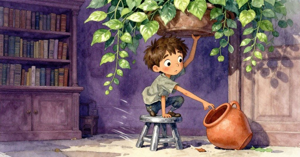 米洛小心爬上搖晃的凳子,試圖取下掛著的圖書,肘部不慎碰到陶罐,場景充滿緊張與期待。