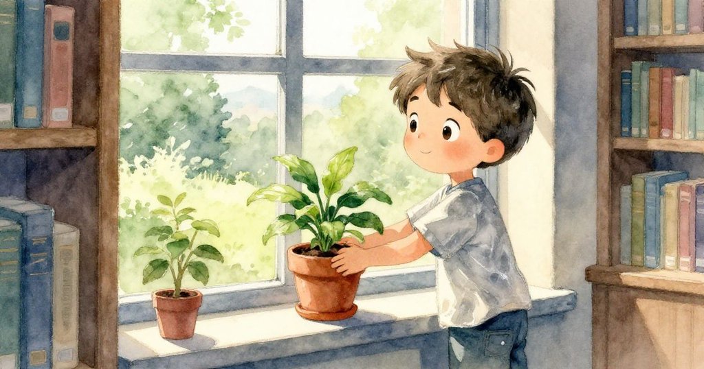 米洛在圖書館窗邊穩放室內植物,窗外顯露寧靜自然景致,化解剛才小災難,心情平靜。